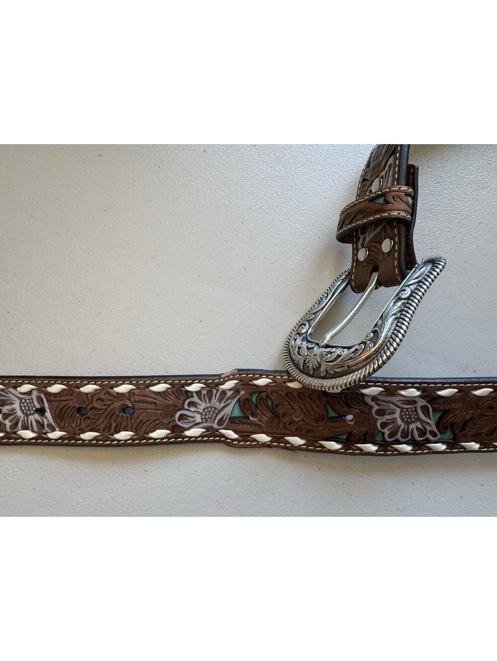 Nocona Women's Western Floral Belt XL Brown/White/Turquoise Adjustable Buckle